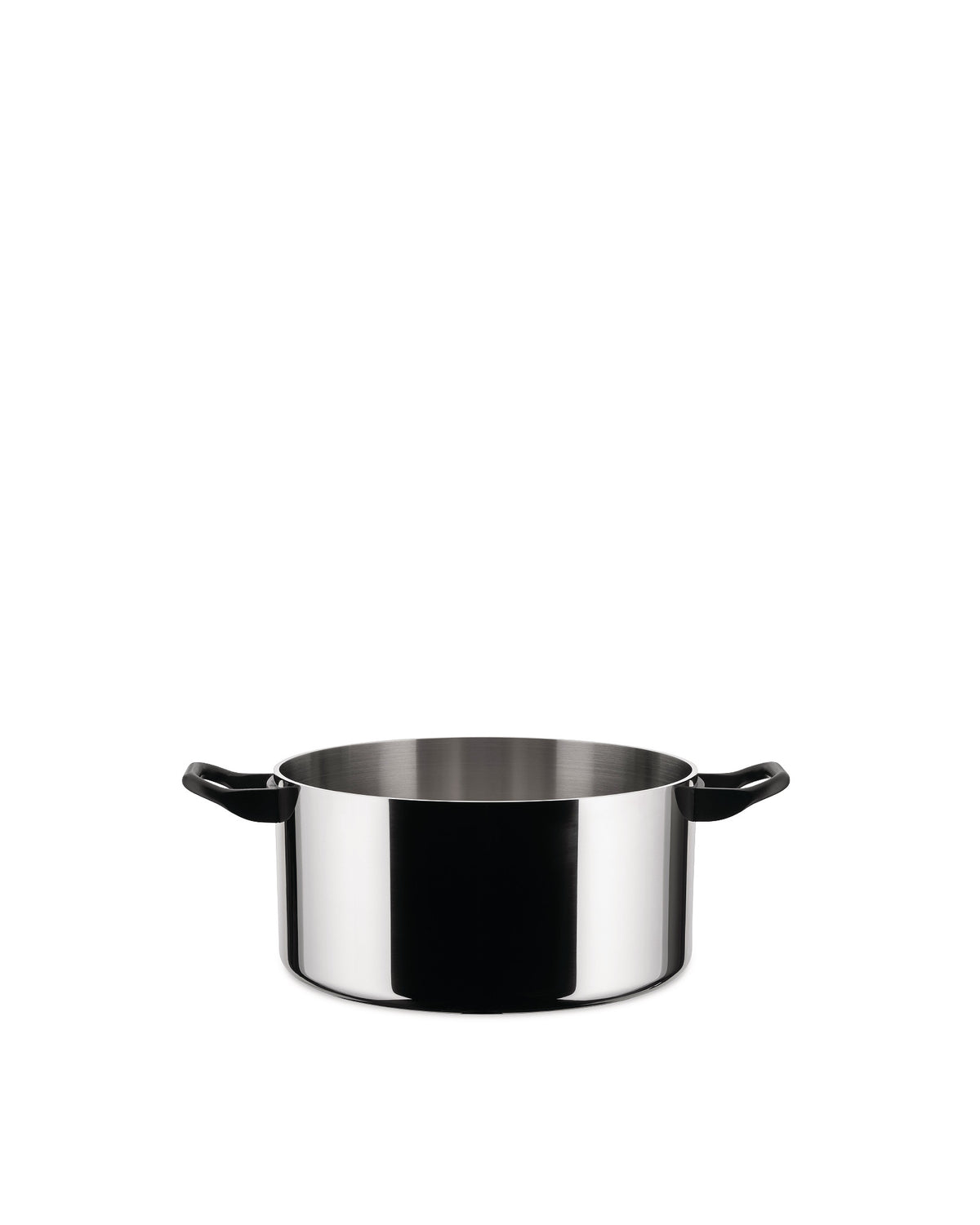 Polished stainless steel cooking pot with black handles by Alessi.