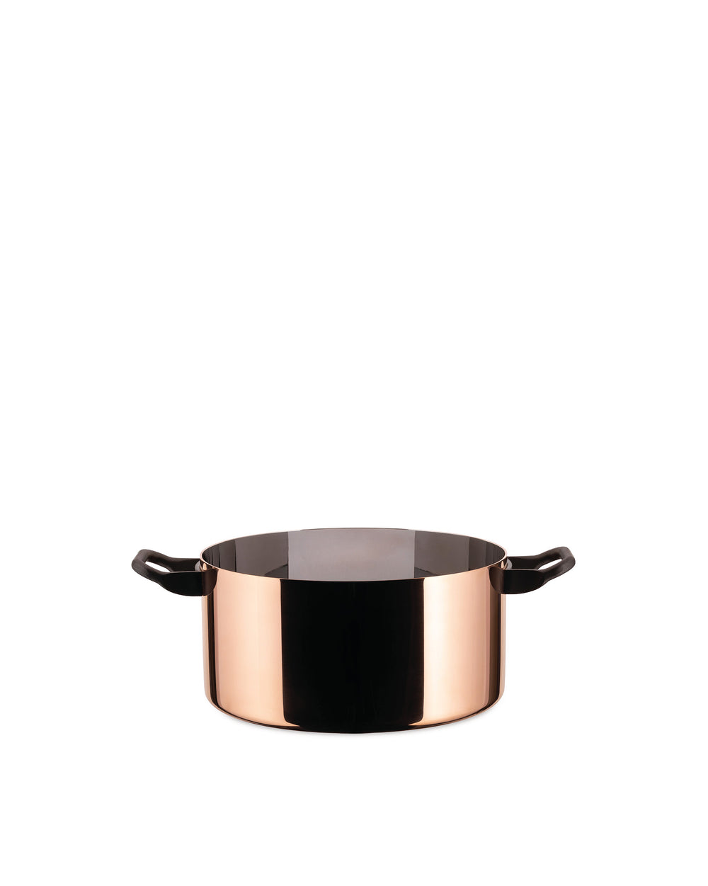 Shiny copper cooking pot by Alessi with a black interior and black side handles.