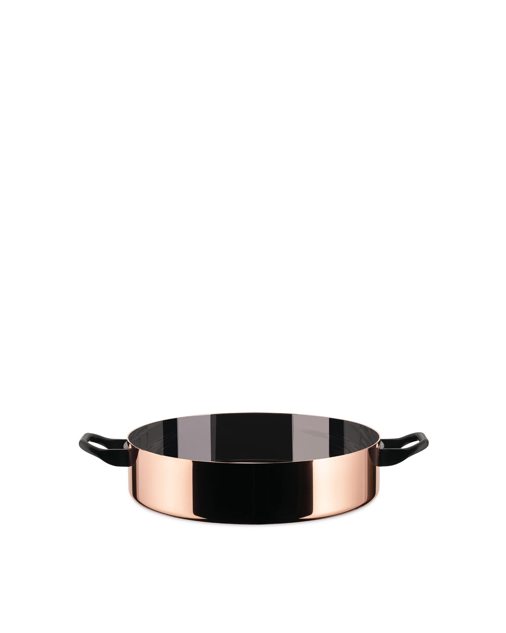 Shiny copper casserole dish with glossy black interior by Alessi and two small black handles.