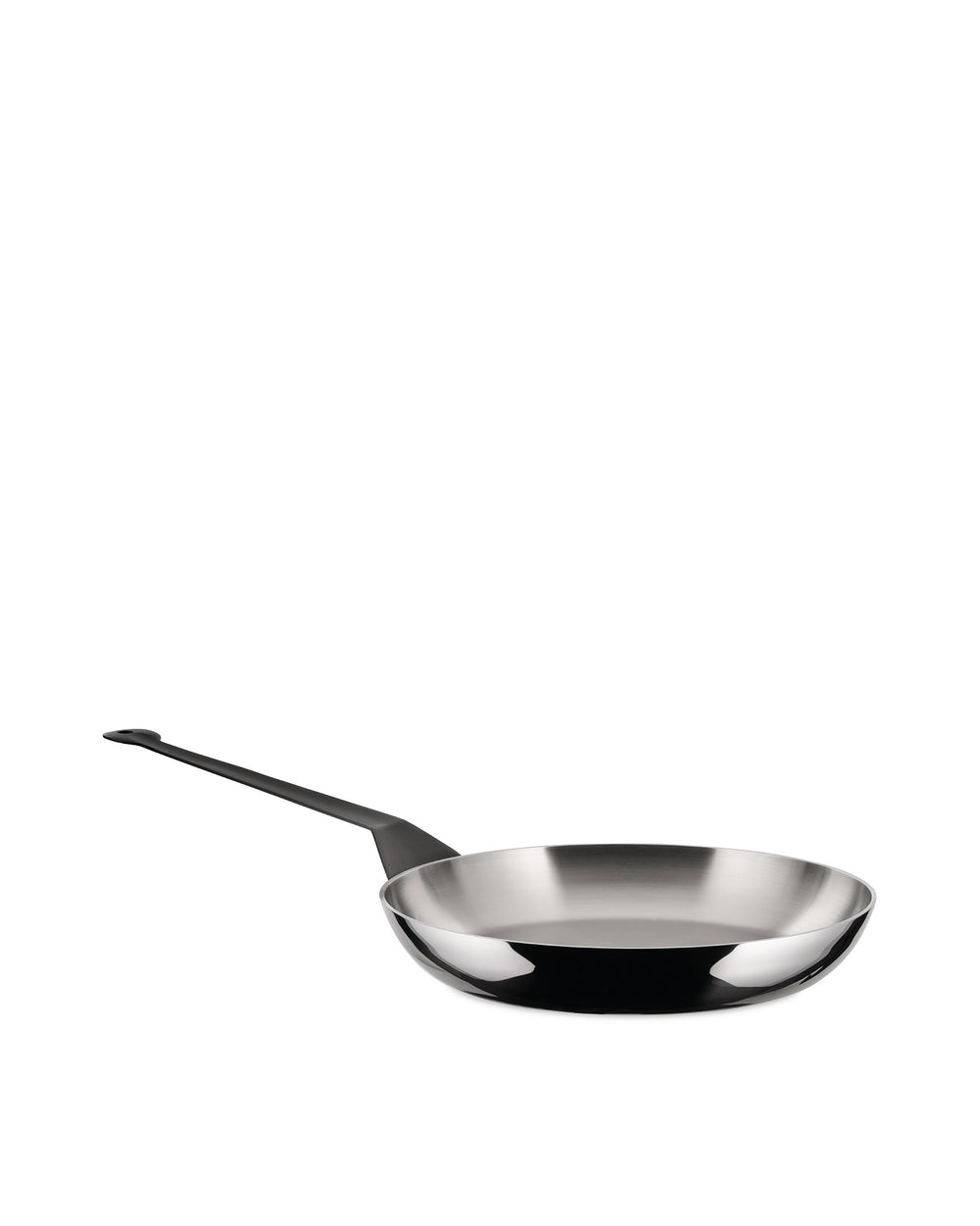 Shiny stainless steel frying pan by Alessi with a sleek black handle, shown at an angle.