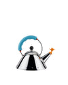Silver conical kettle with a blue handle by Alessi, featuring an orange bird whistle and a black lid knob.