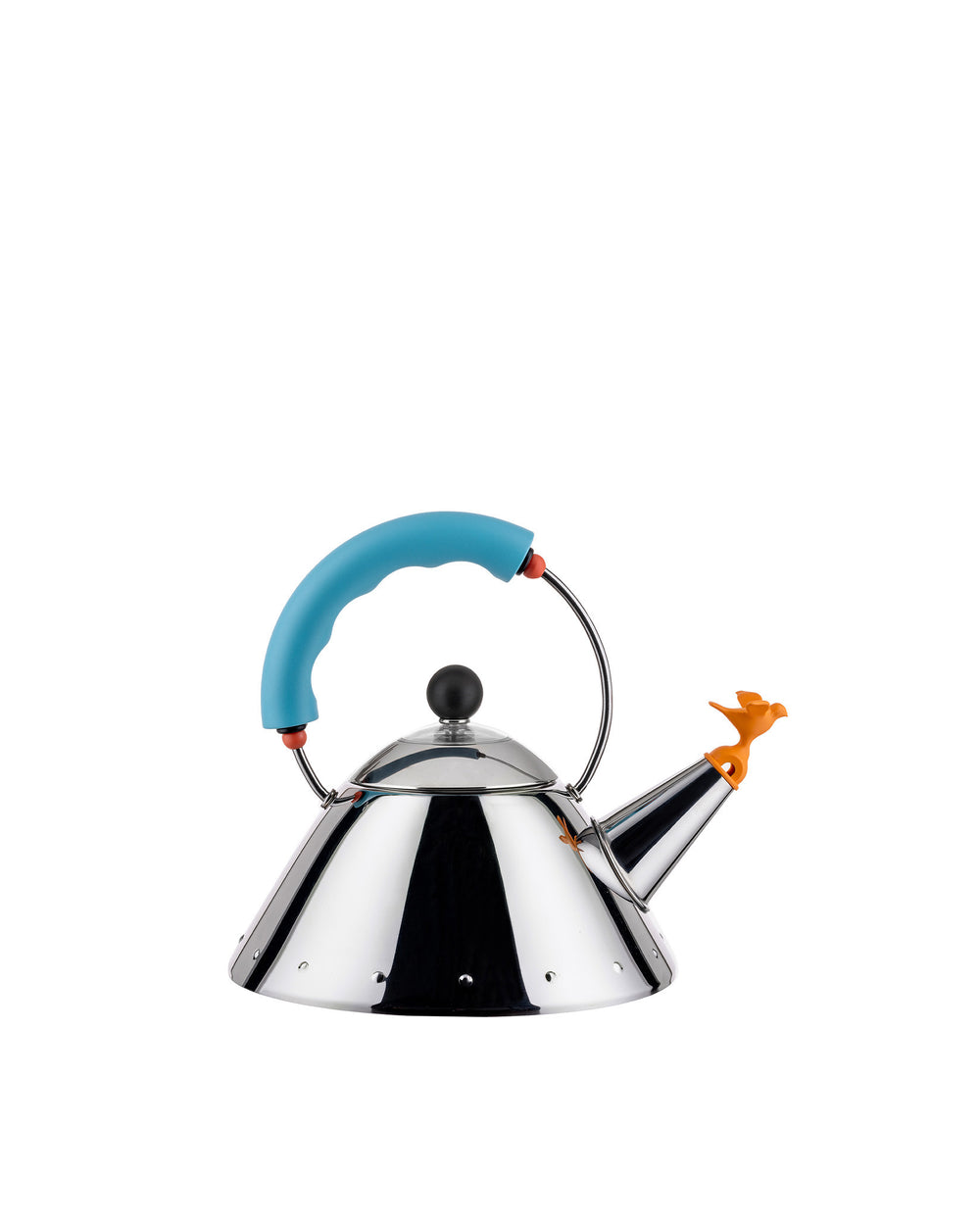Silver conical kettle with a blue handle by Alessi, featuring an orange bird whistle and a black lid knob.