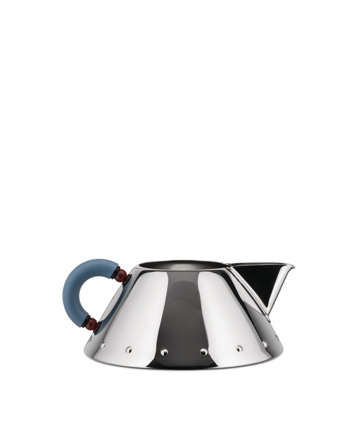 Polished stainless steel kettle by Alessi, featuring a blue arched handle, reddish-brown accents, and base perforations.