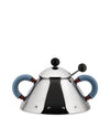 Polished stainless steel conical kettle by Alessi, featuring two blue handles and black spherical knobs.