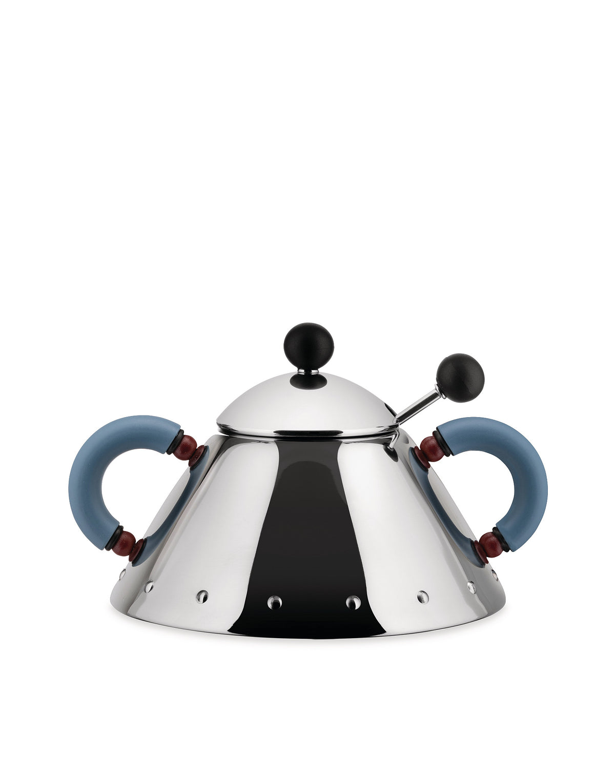 Polished stainless steel conical kettle by Alessi, featuring two blue handles and black spherical knobs.