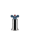 Polished stainless steel tea infuser by Alessi with a blue winged handle, red spherical top, and perforated cylindrical body.