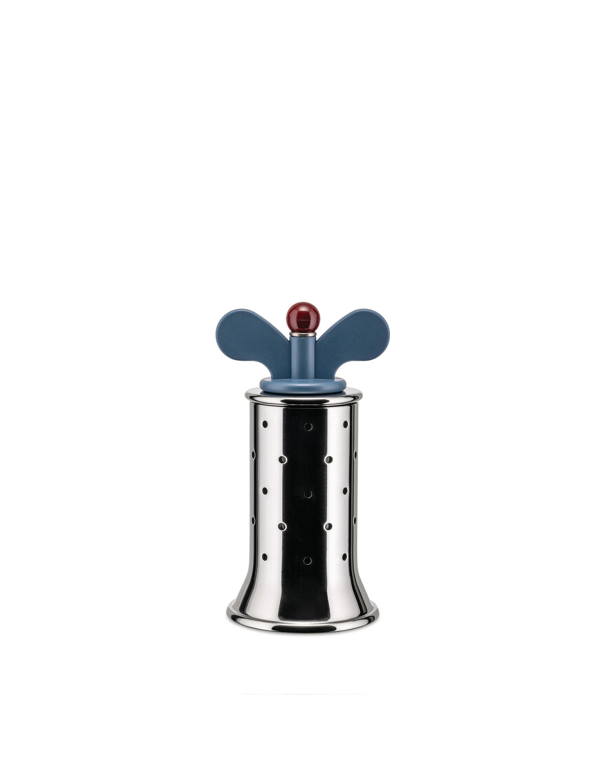 Polished stainless steel tea infuser by Alessi with a blue winged handle, red spherical top, and perforated cylindrical body.