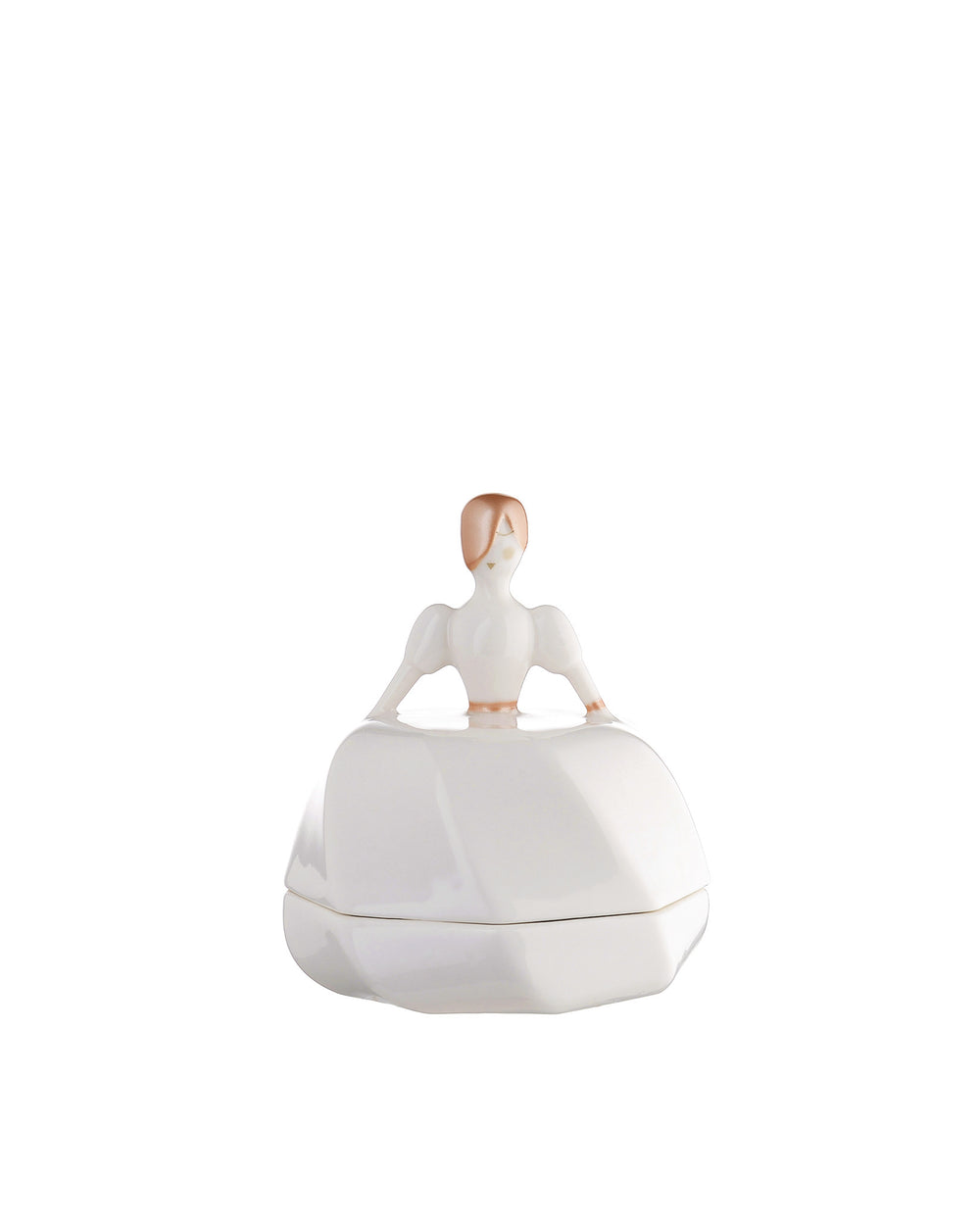 White porcelain decorative box by Alessi, shaped like a bride with golden hair and puff sleeves, seen from the back.