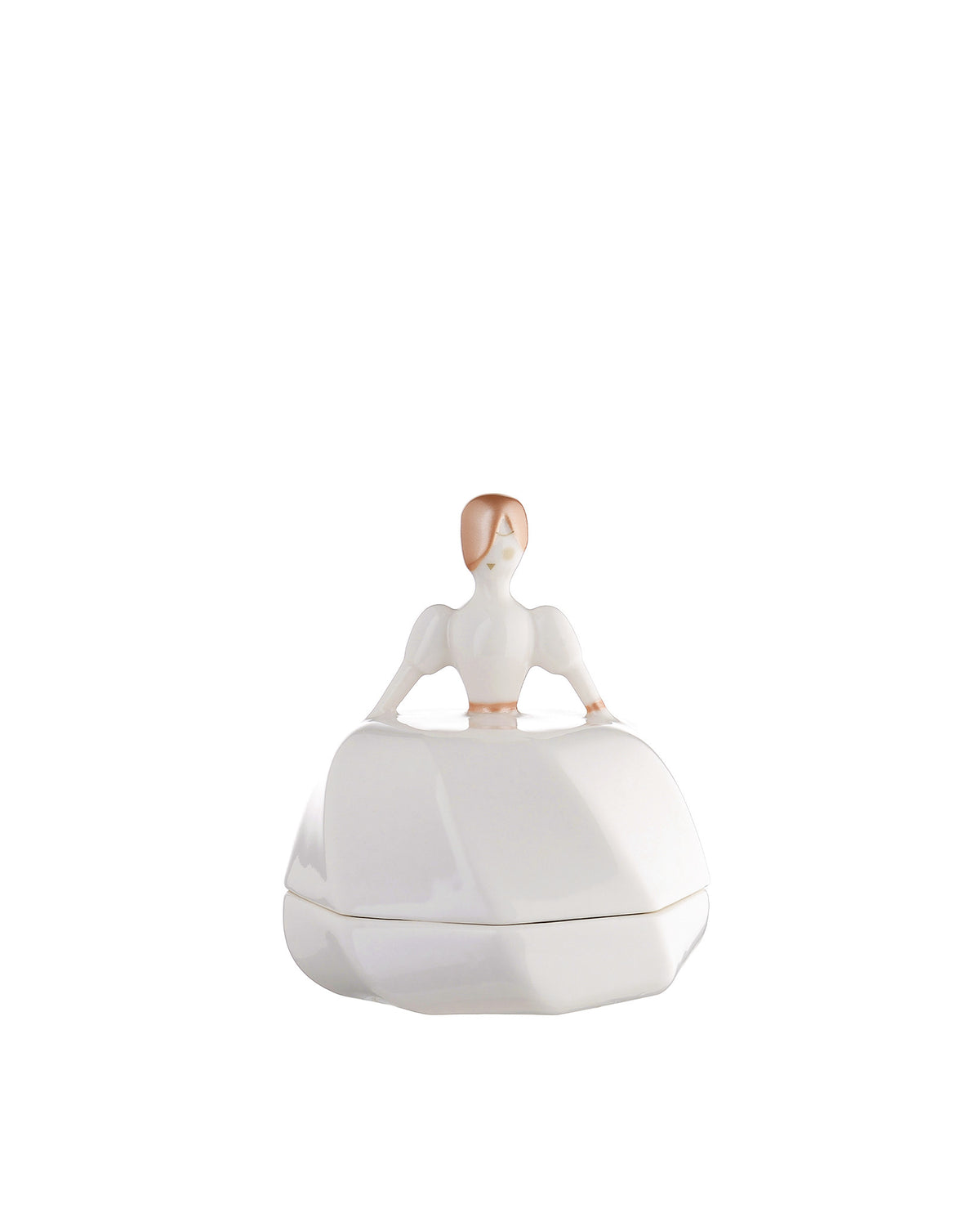 White porcelain decorative box by Alessi, shaped like a bride with golden hair and puff sleeves, seen from the back.