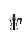 Sleek stainless steel Moka pot by Alessi with a black handle and top knob, shown front-facing.