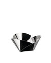 Silver metallic Harmonic basket by Alessi with a sculptural, folded design.