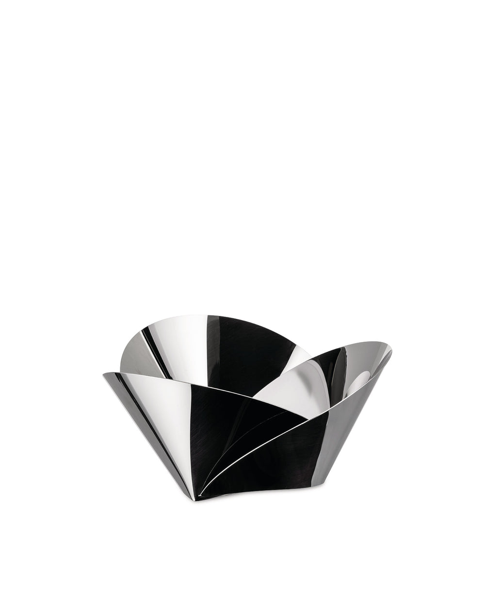 Silver metallic Harmonic basket by Alessi with a sculptural, folded design.