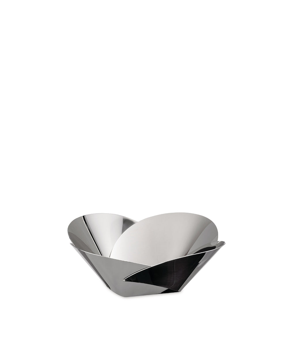 Polished silver basket by Alessi, featuring a sculptural design with overlapping metallic panels.