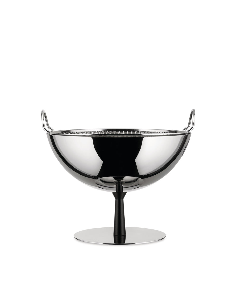 Chrome-plated steel fruit bowl by Alessi, with two handles, on a dark stem and flat circular base.
