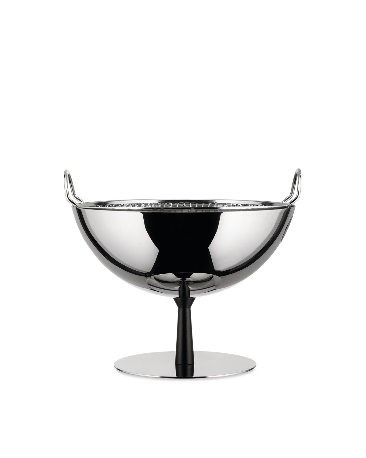 Chrome-plated steel fruit bowl by Alessi, with two handles, on a dark stem and flat circular base.
