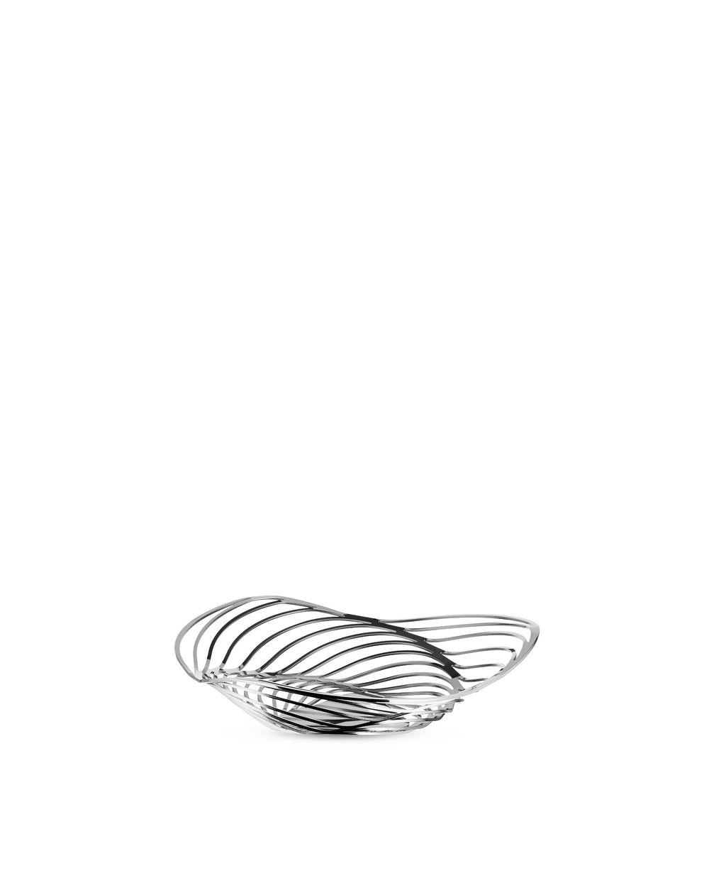 Silver metal fruit bowl by Alessi, composed of abstract, wavy intersecting lines.