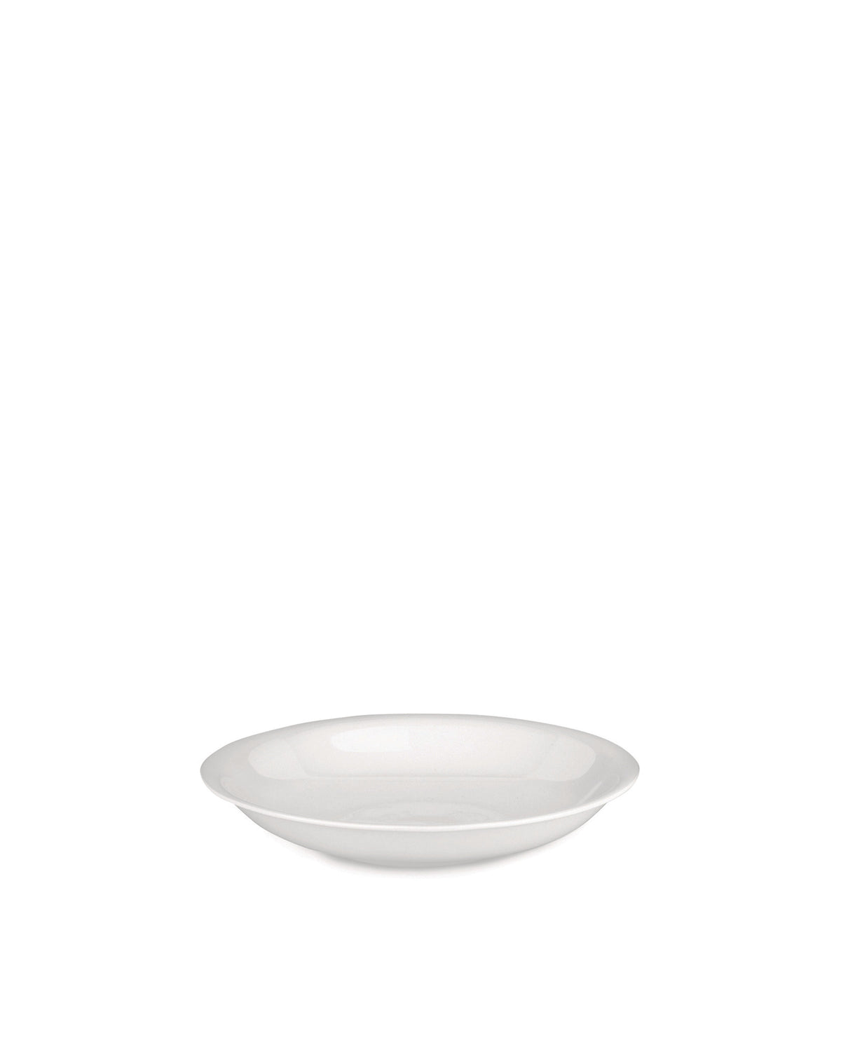White porcelain pasta bowl by Alessi, with a wide, slightly curved rim, angled to the front.