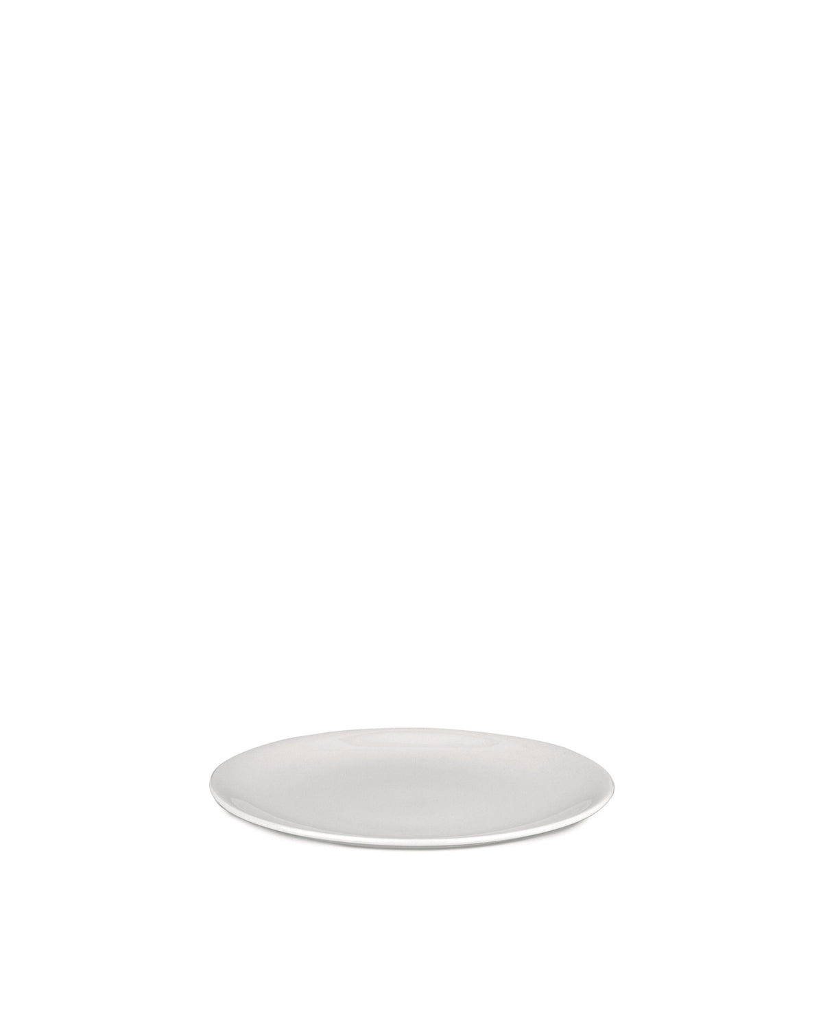 White round plate by Alessi, presented from a low angle.