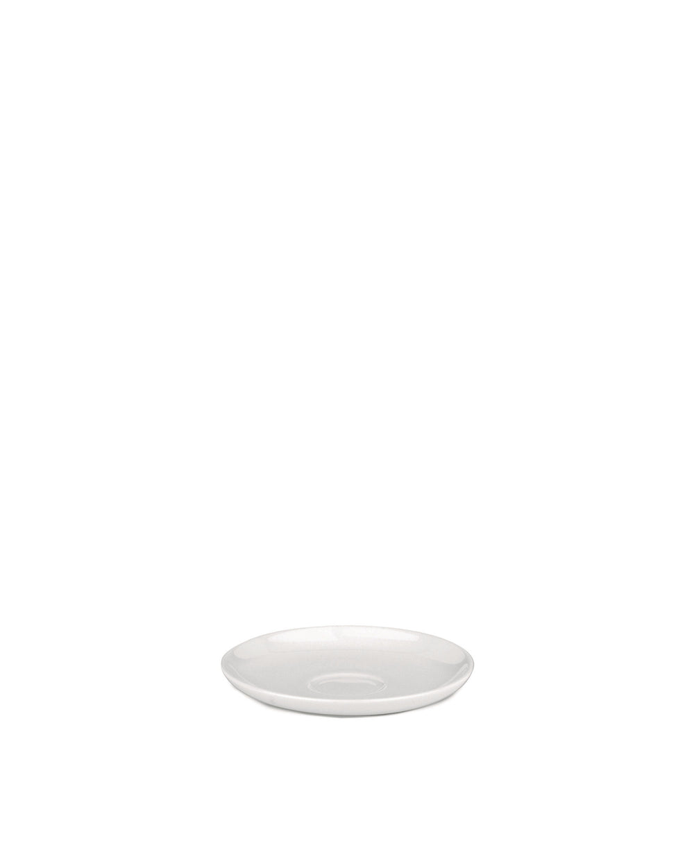 A white saucer by Alessi, angled on a white background, with a subtle indentation.