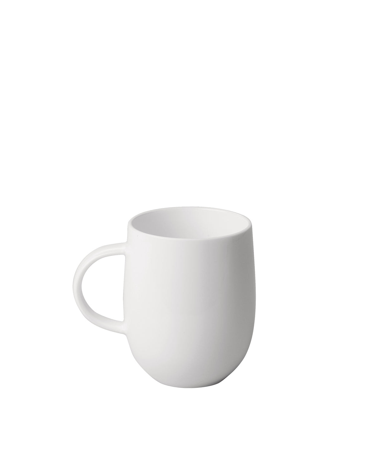 White matte mug by Alessi with a rounded, bulbous body and a simple handle, shown from a side view.