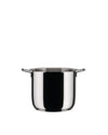 Stainless steel pot by Alessi with two small loop handles and a polished, reflective finish, on a white background.