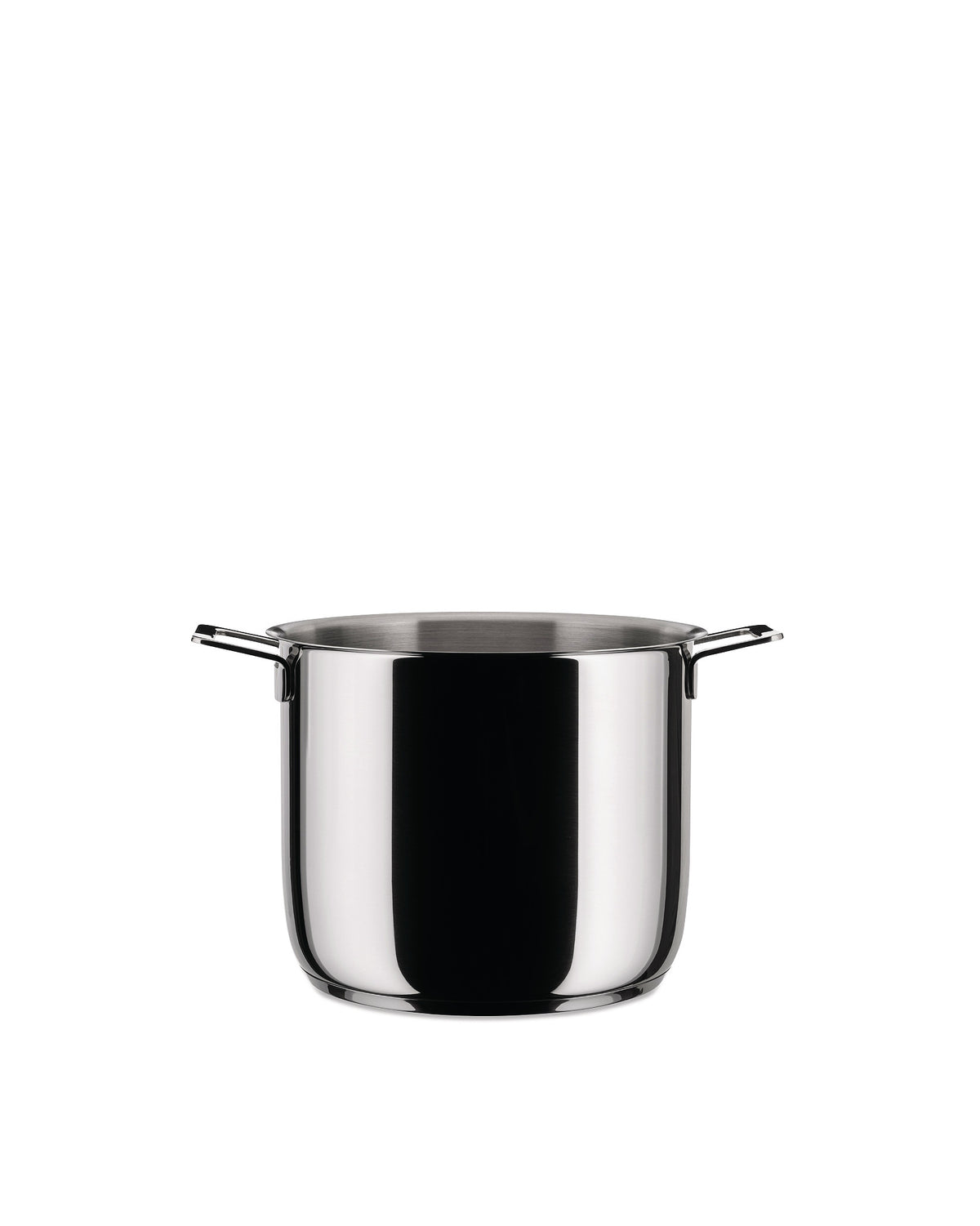 Stainless steel pot by Alessi with two small loop handles and a polished, reflective finish, on a white background.