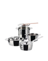 A sleek stainless steel cookware set by Alessi, featuring various pots, pans, and lids, with a wooden spoon.