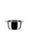 Polished stainless steel cooking pot by Alessi with short, rectangular loop handles.