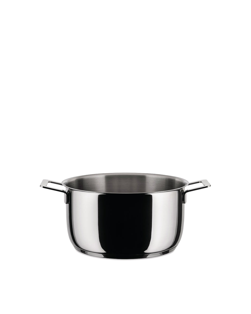 Polished stainless steel cooking pot by Alessi with short, rectangular loop handles.