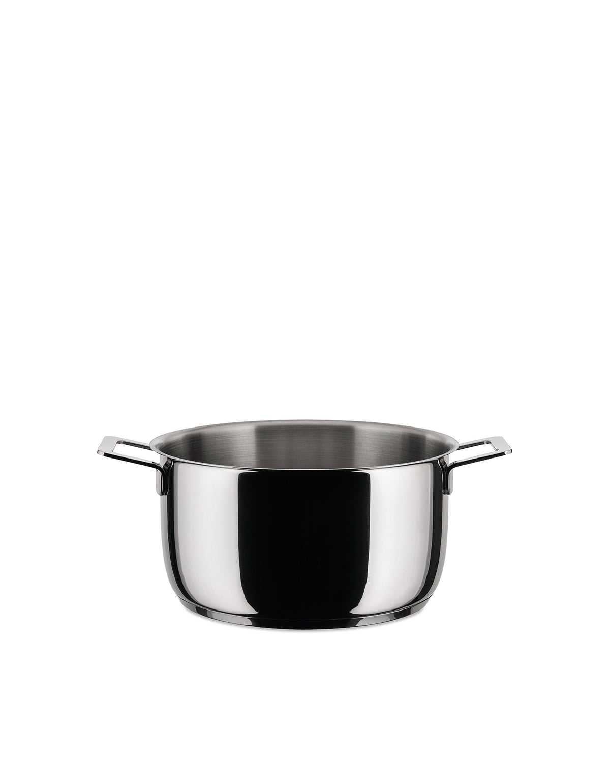 Polished stainless steel cooking pot by Alessi with short, rectangular loop handles.