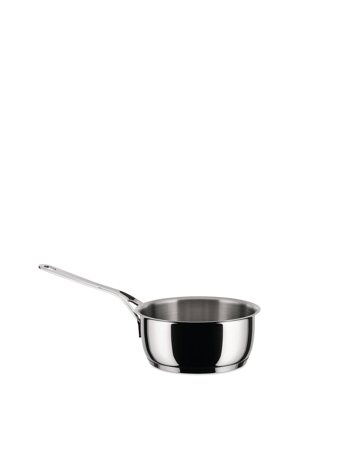 Stainless steel saucepan by Alessi with a polished finish and long handle, shown in a side view.