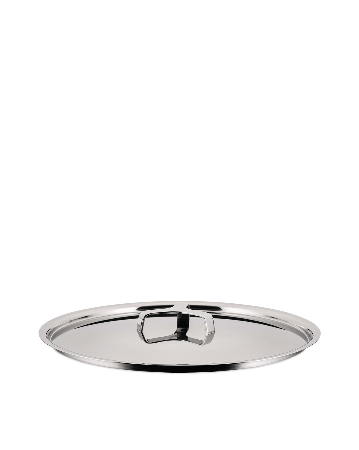 Polished stainless steel pot lid by Alessi, with a sleek rectangular handle, presented flat.