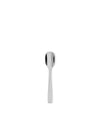 Silver metal spoon by Alessi with a sleek design, centered top-down on a white background.