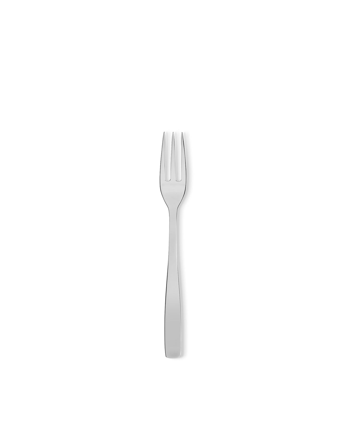 Silver-toned stainless steel fork by Alessi with three prongs and a sleek, flat handle, shown upright.
