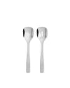 Two polished stainless steel serving spoons by Alessi, one solid and one slotted, on white.