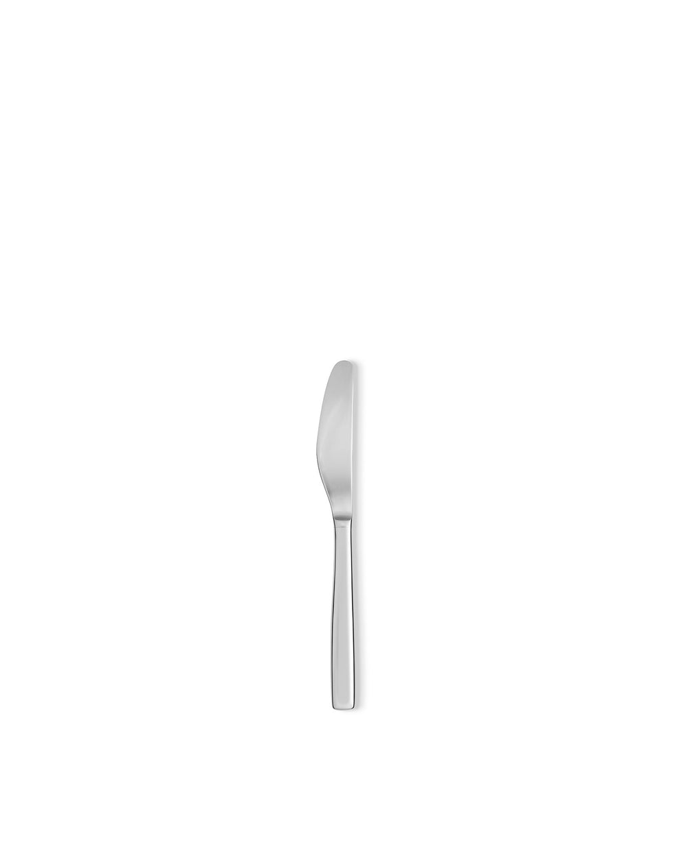 Silver stainless steel knife by Alessi, with a sleek, smooth finish, standing upright on a white background.
