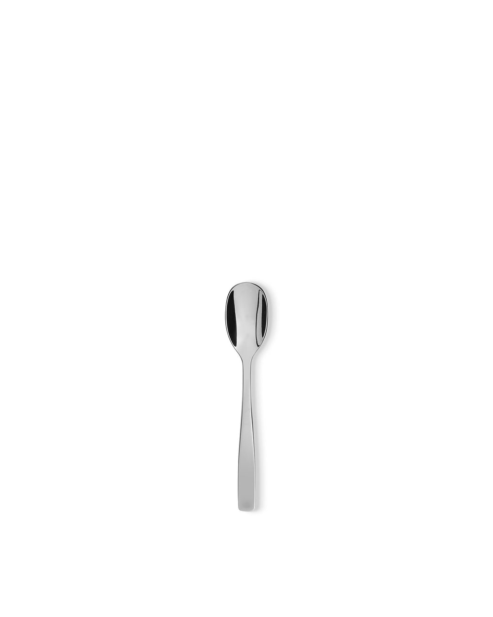 Polished silver metal spoon by Alessi with a minimalist design, standing upright on a white background.