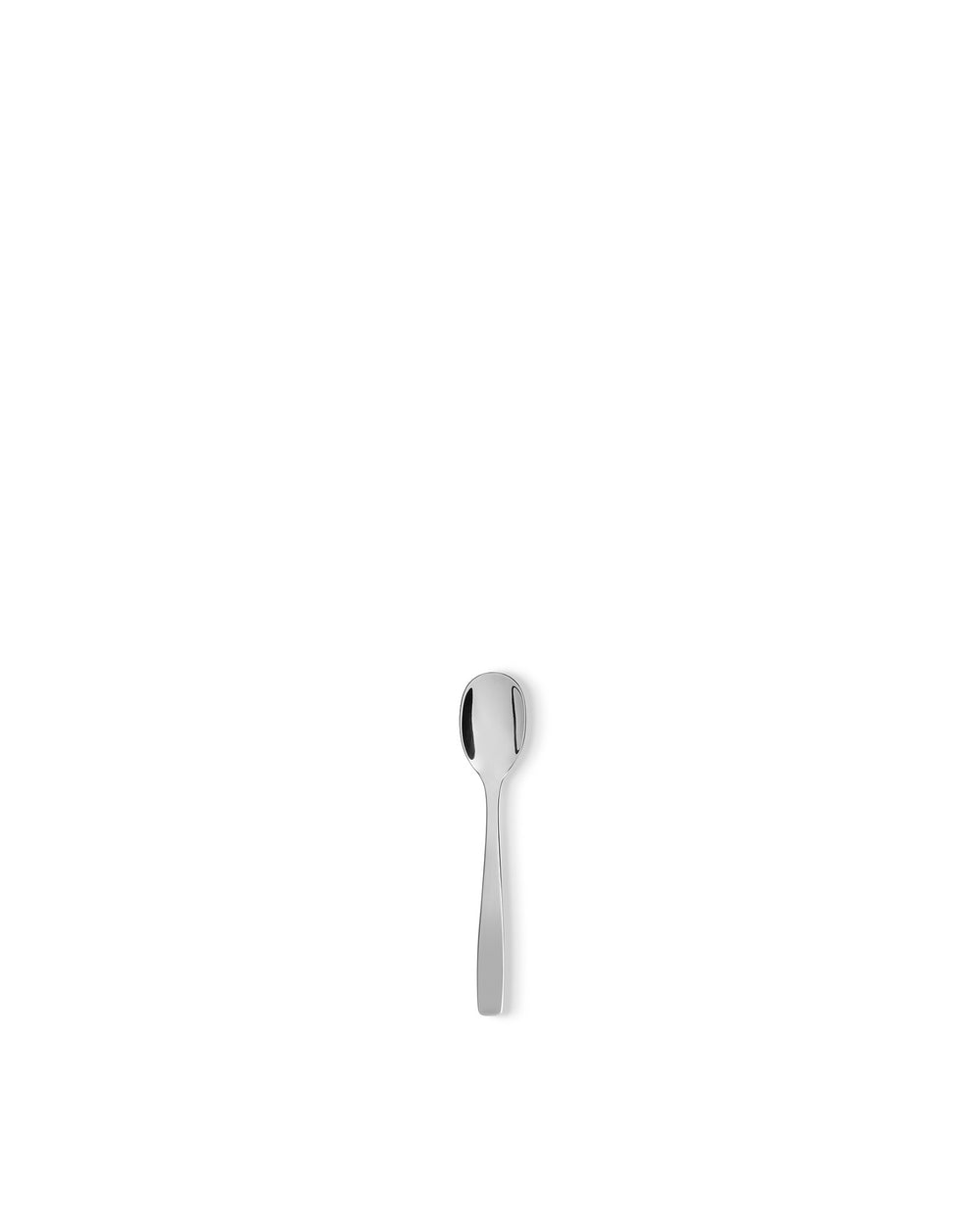 A polished silver spoon by Alessi, featuring a sleek and minimalist design, positioned vertically on white.