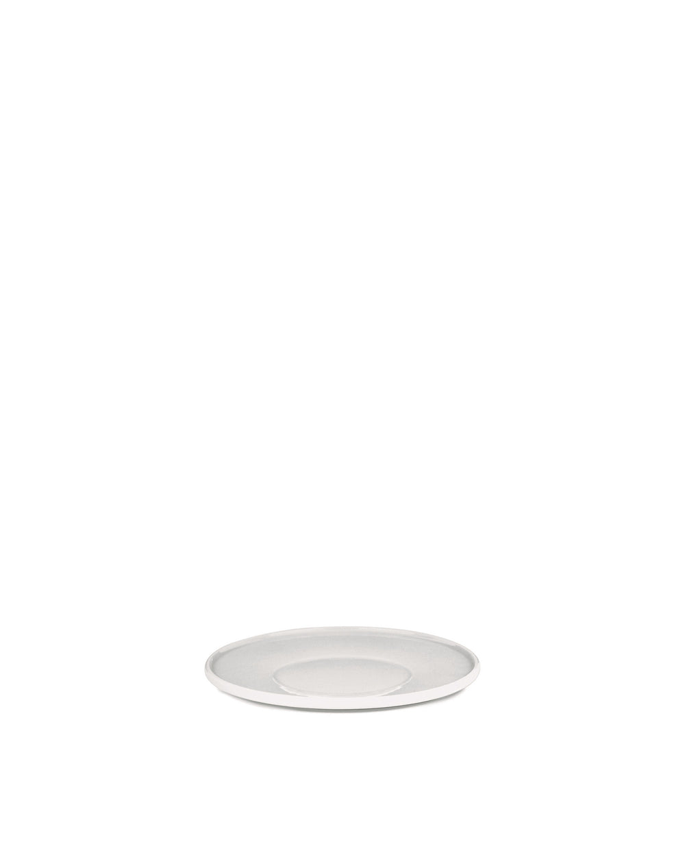 Light grey round ceramic plate by Alessi, angled view with a smooth glazed finish.