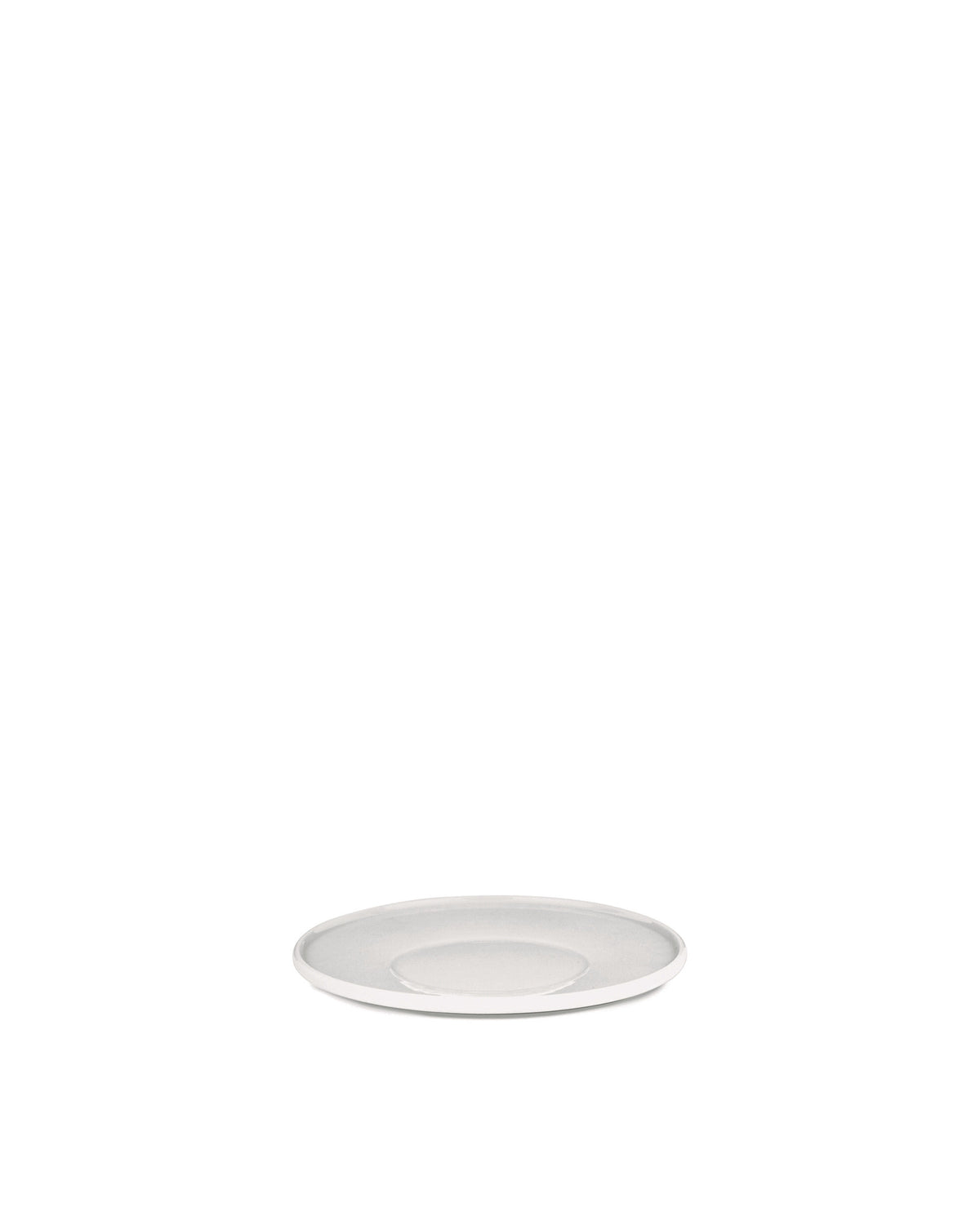 Light grey round ceramic plate by Alessi, angled view with a smooth glazed finish.