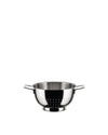Stainless steel colander by Alessi featuring small drainage holes, two side handles, and a polished base.