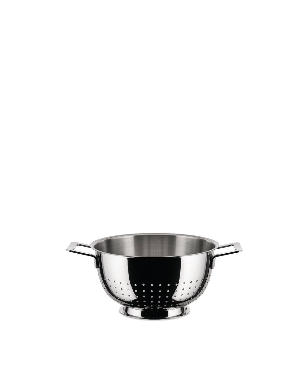 Stainless steel colander by Alessi featuring small drainage holes, two side handles, and a polished base.