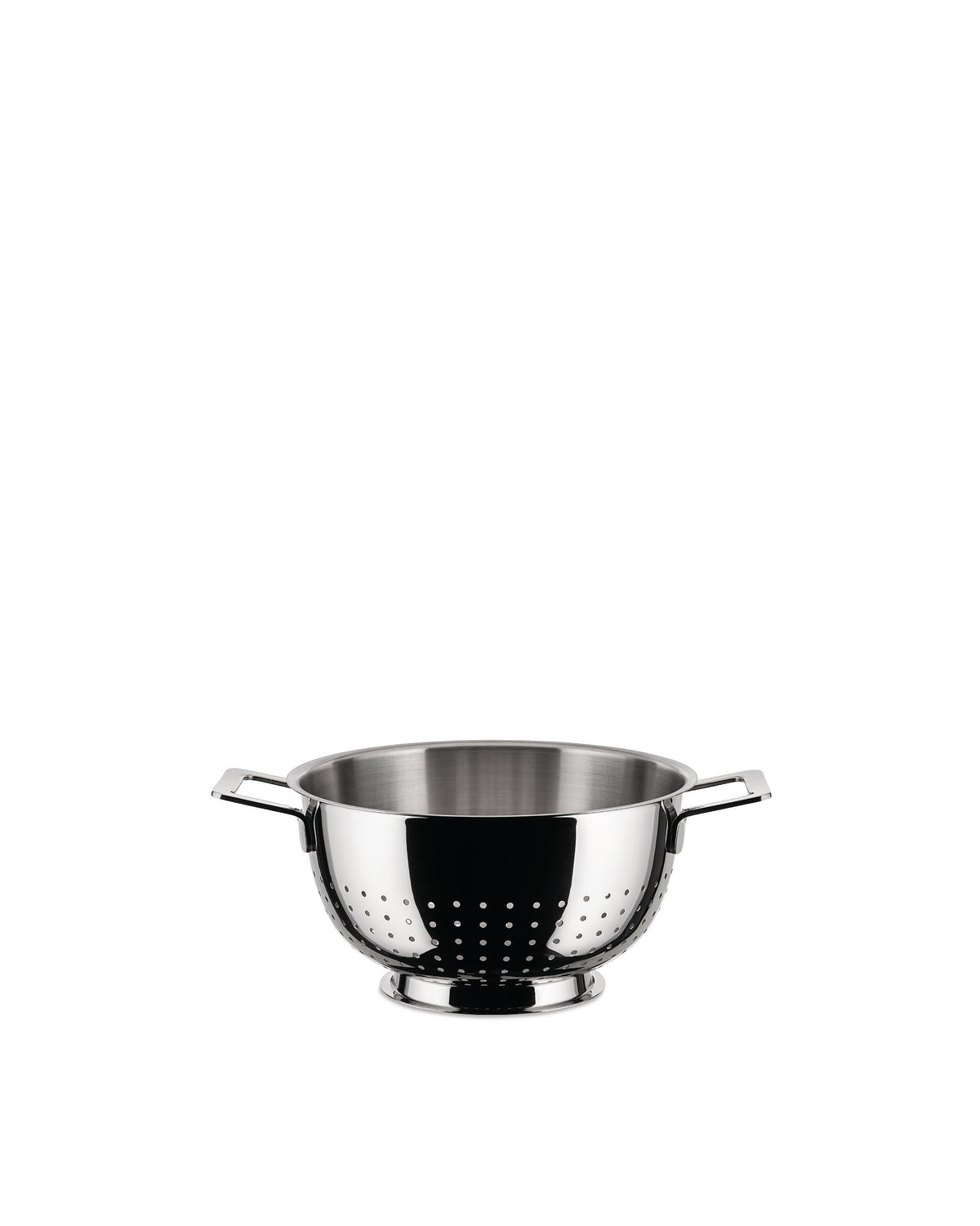 Stainless steel colander by Alessi featuring small drainage holes, two side handles, and a polished base.