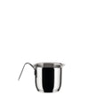 A small, polished stainless steel pot by Alessi with a single curved handle, shown from the side.