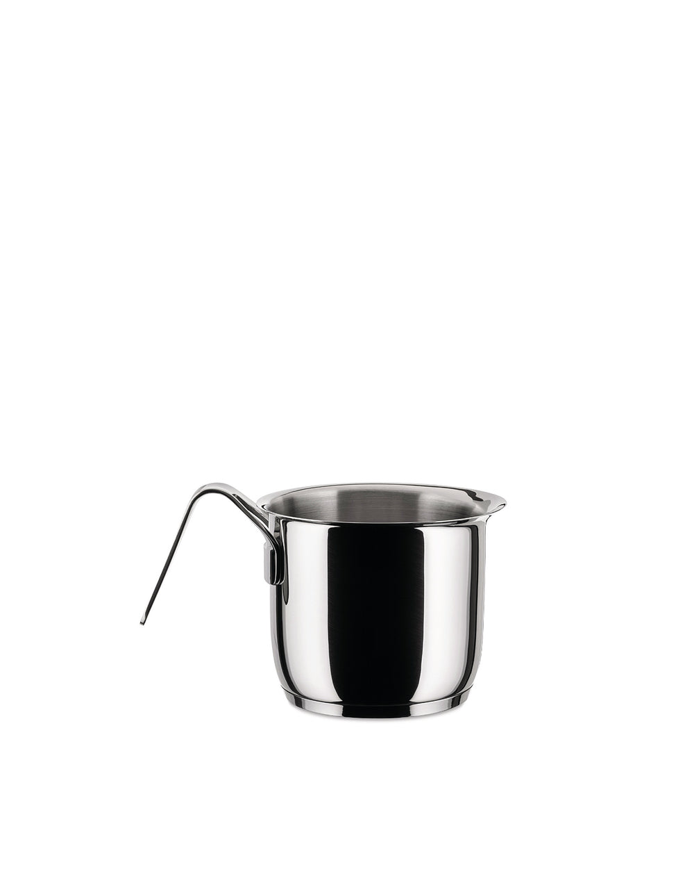 A small, polished stainless steel pot by Alessi with a single curved handle, shown from the side.