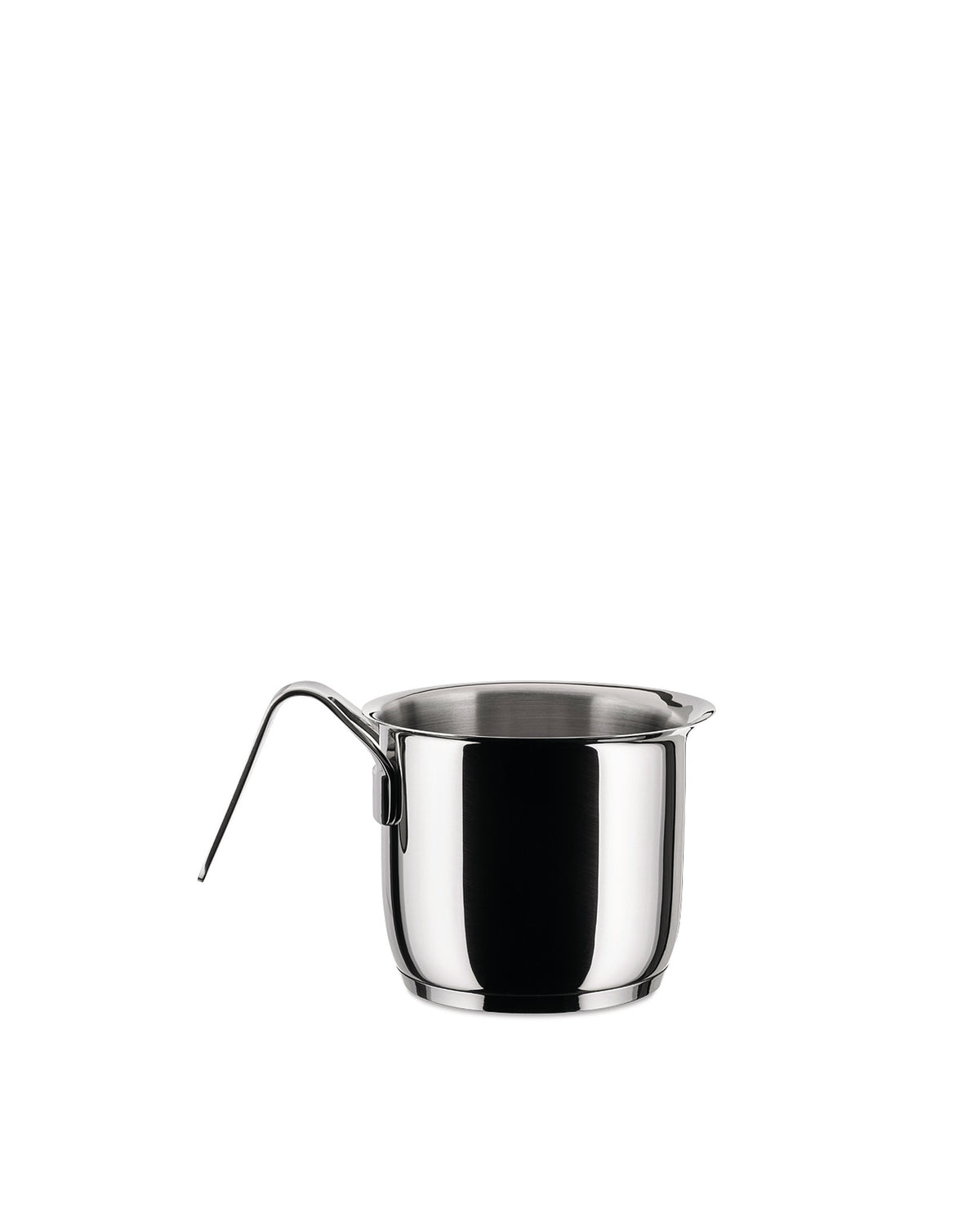 A small, polished stainless steel pot by Alessi with a single curved handle, shown from the side.