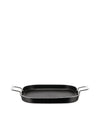 Black rectangular grill pan by Alessi with a ridged cooking surface and two shiny silver-toned handles.