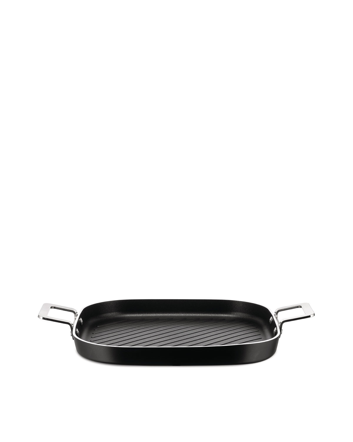 Black rectangular grill pan by Alessi with a ridged cooking surface and two shiny silver-toned handles.