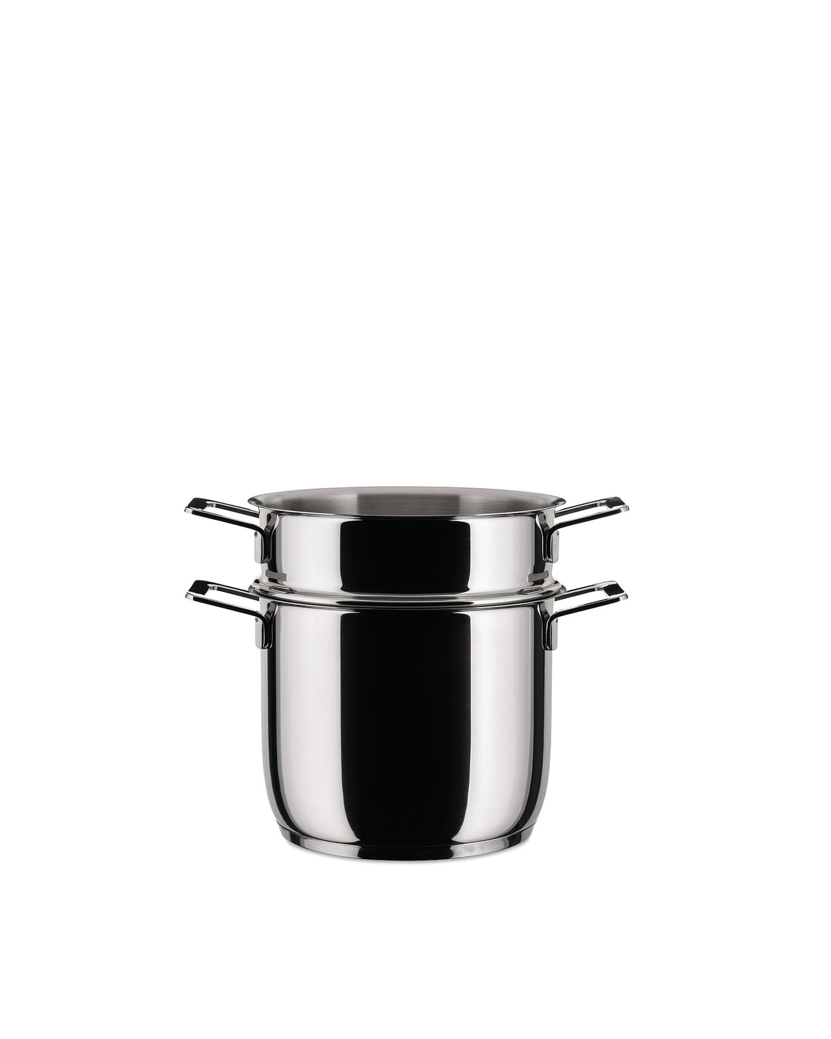 Two-tiered stainless steel steamer pot by Alessi, with short side handles, on a white background.