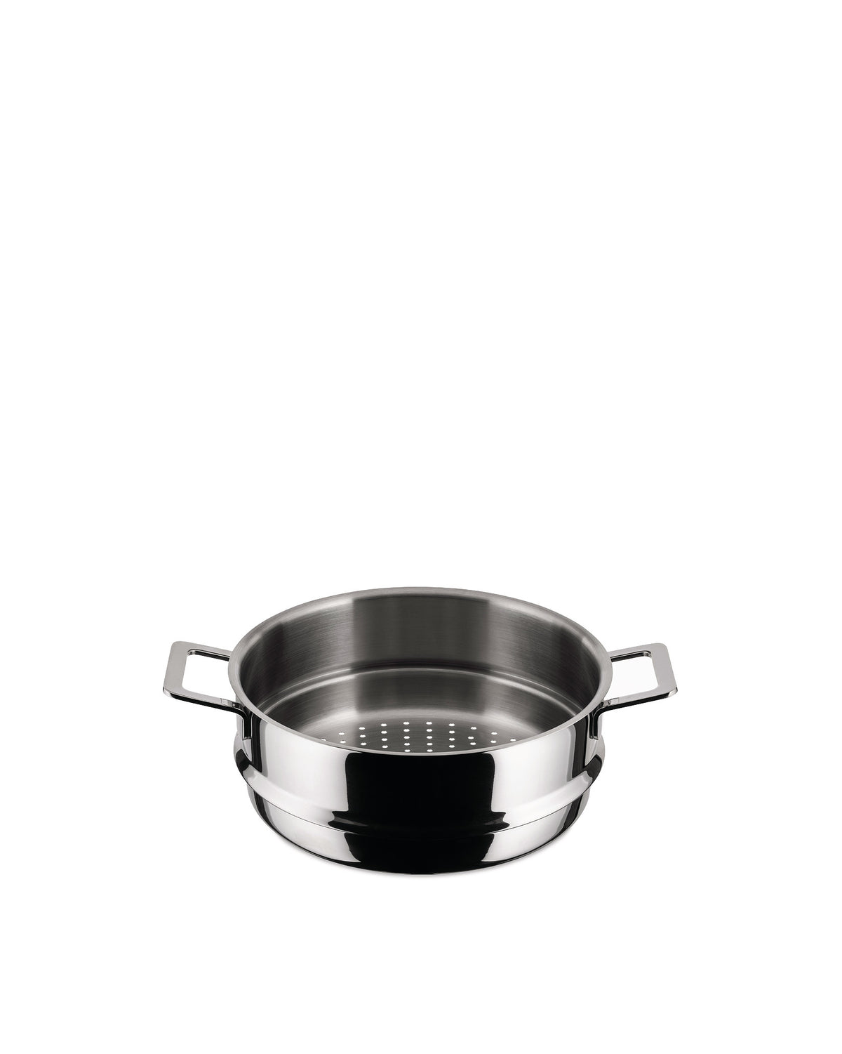 Stainless steel steamer pot by Alessi with a perforated bottom and two loop handles, front-facing.